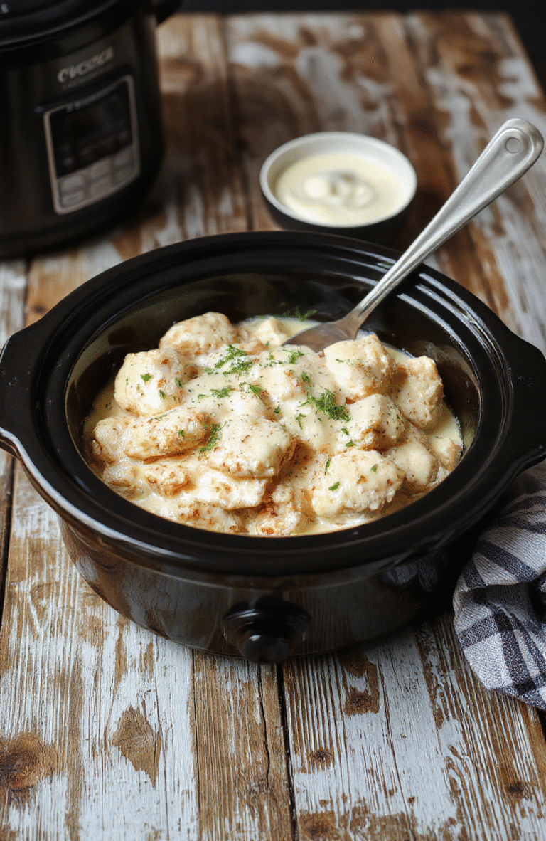 A creamy plate of Crockpot Chicken Alfredo with tender shredded chicken, fettuccine pasta coated in a rich white sauce, topped with fresh parsley, served on a white ceramic plate with a rustic wooden table background, styled simply with a light sprinkle of Parmesan cheese.