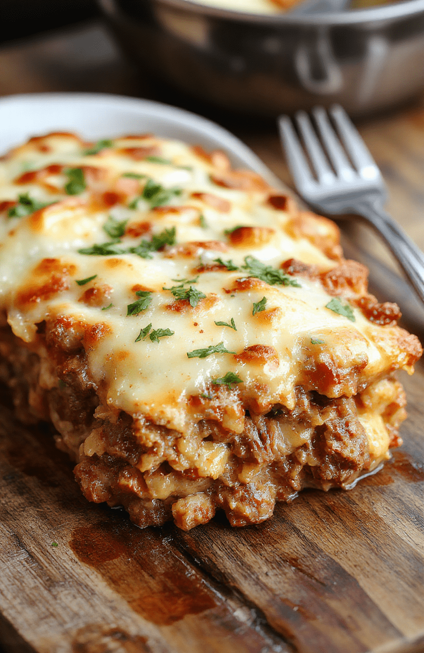 A colorful plate featuring a baked hobo casserole with ground beef, melted cheese, and vegetables, garnished with fresh herbs, presented on a rustic wooden table with a light background.