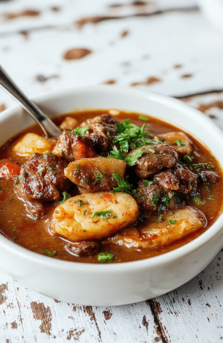 A rustic bowl filled with hearty beef stew featuring tender beef chunks, carrots, potatoes, and peas in a thick savory gravy. The stew is garnished with fresh herbs, presented on a wooden table with a side of crusty bread, steaming and inviting, with vibrant colors and textured ingredients.