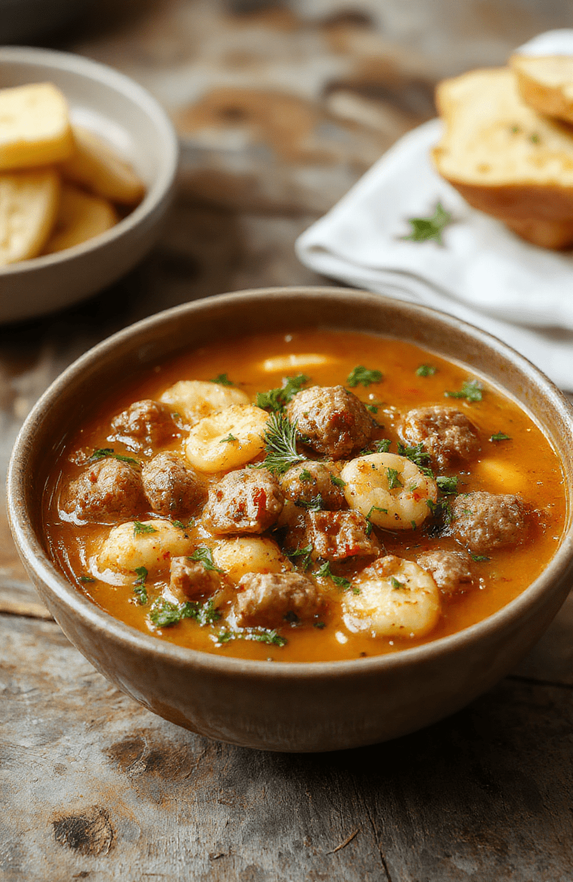 A vibrant bowl of creamy Italian sausage tortellini soup garnished with fresh herbs, with visible chunks of sausage and plump tortellini in a rich broth, styled on a rustic wooden table with a sprinkle of cheese and herbs, inviting and colorful.
