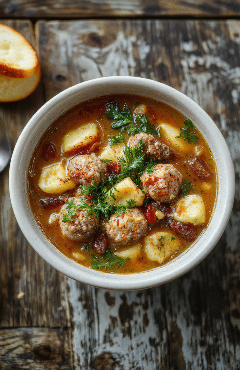 A vibrant bowl of meatball tortellini soup featuring plump meatballs, cheesy tortellini, fresh herbs, and a rich broth, styled with a rustic wooden background
