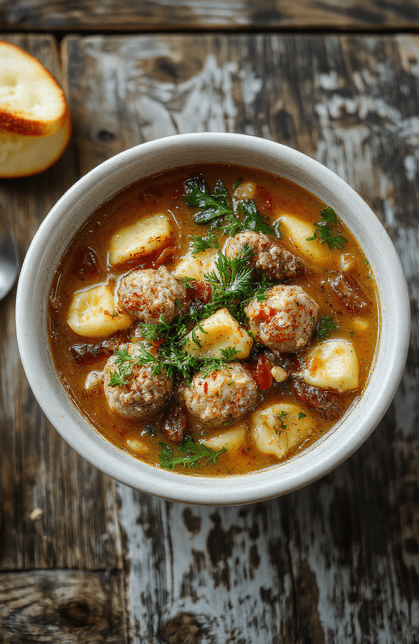 A vibrant bowl of meatball tortellini soup featuring plump meatballs, cheesy tortellini, fresh herbs, and a rich broth, styled with a rustic wooden background