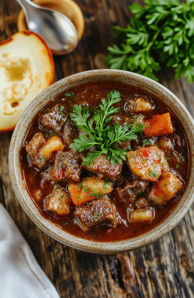 A rustic bowl of hearty beef stew featuring tender beef chunks, carrots, potatoes, and peas in a rich, steaming gravy, garnished with fresh herbs, served on a wooden table with a cozy background