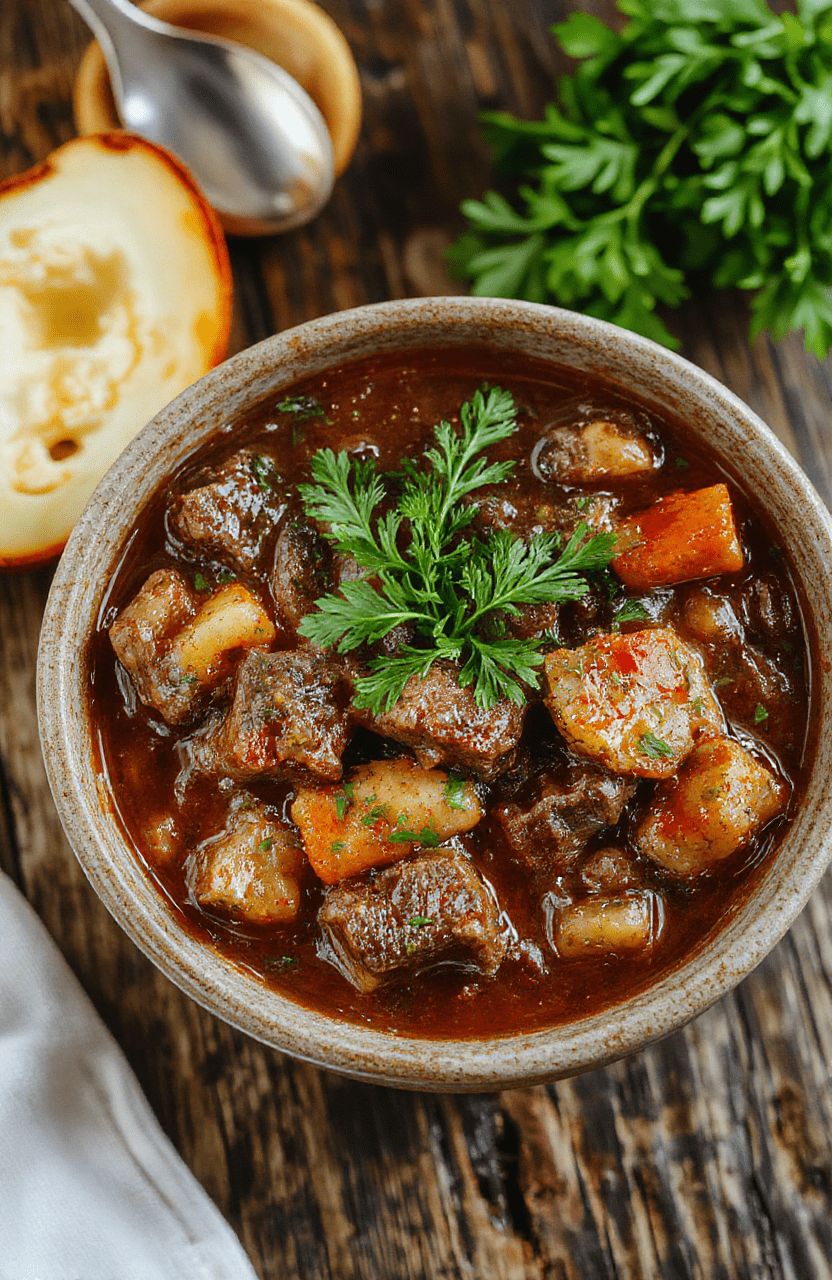 A rustic bowl of hearty beef stew featuring tender beef chunks, carrots, potatoes, and peas in a rich, steaming gravy, garnished with fresh herbs, served on a wooden table with a cozy background
