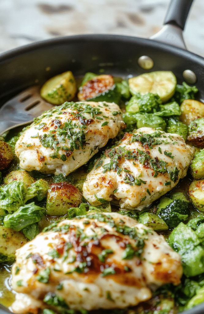 Colorful pesto chicken and vibrant mixed vegetables arranged neatly on a white ceramic plate, garnished with fresh basil leaves, with a rustic wooden table background, showcasing textures of crispy chicken and tender veggies, styled simply yet appetizingly.