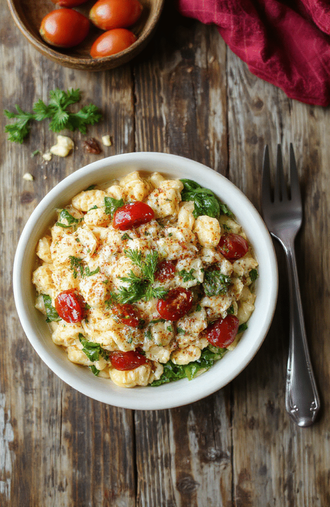A vibrant serving of creamy golden orzo pasta garnished with fresh herbs, served on a rustic white plate with colorful vegetables in the background, styled casually with a natural daylight setting to highlight textures and inviting colors.