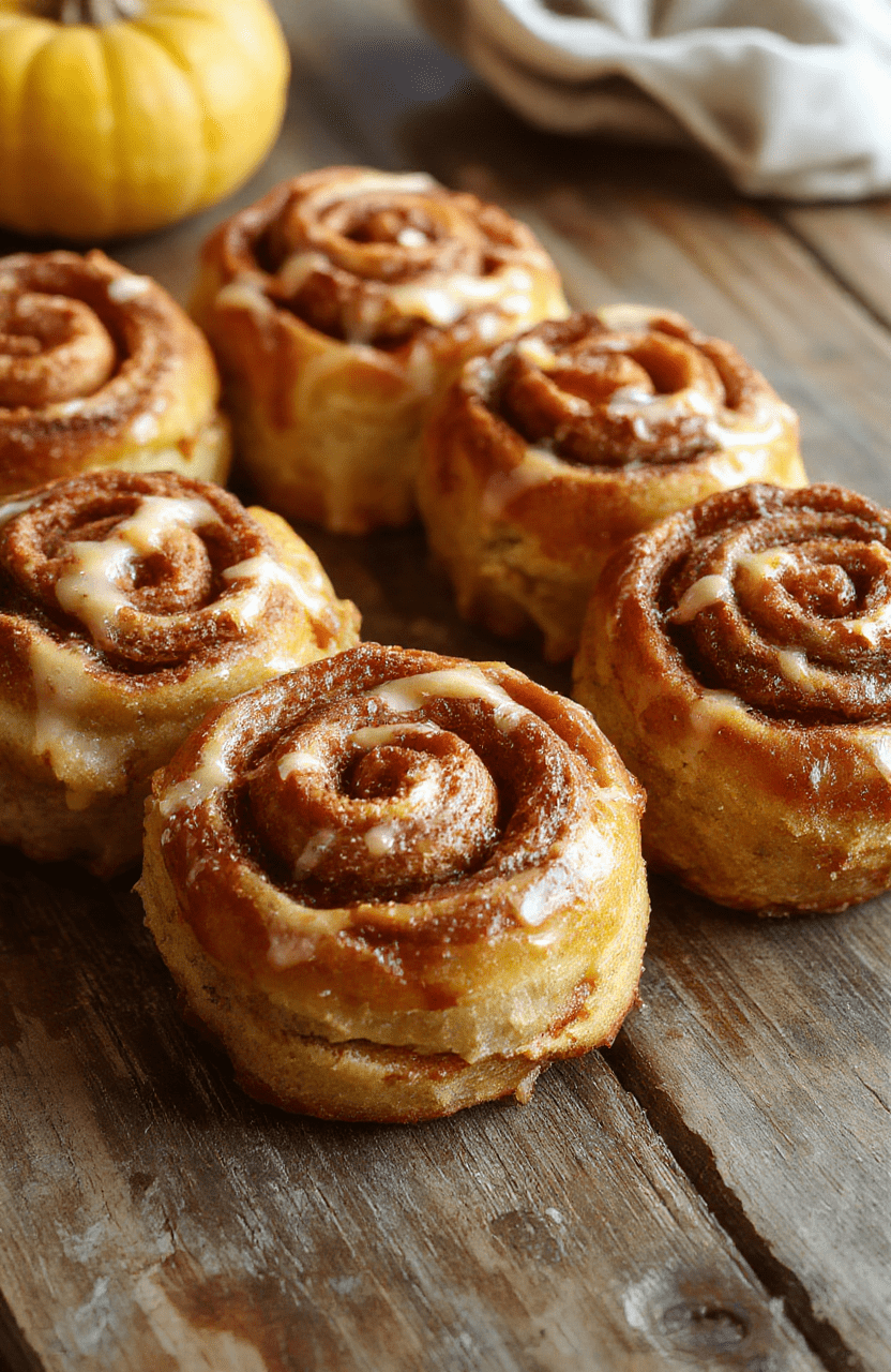 A stack of warm pumpkin cinnamon rolls glazed with icing, topped with a sprinkle of cinnamon and pumpkin seeds, set on a rustic wooden table with a soft natural light highlighting their golden-brown texture and creamy icing.