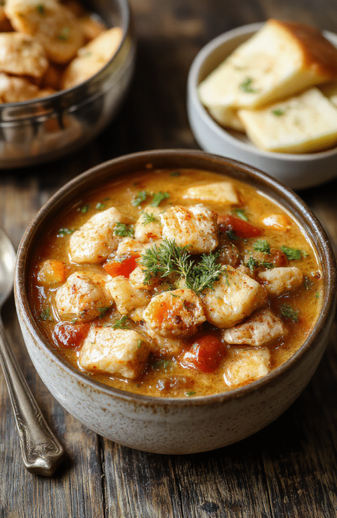 A rustic bowl filled with hearty chicken stew featuring tender shredded chicken, colorful vegetables, and a thick, flavorful broth. The stew is garnished with fresh herbs and served on a wooden table for a cozy, inviting presentation.