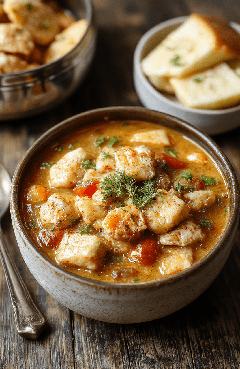 A rustic bowl filled with hearty chicken stew featuring tender shredded chicken, colorful vegetables, and a thick, flavorful broth. The stew is garnished with fresh herbs and served on a wooden table for a cozy, inviting presentation.