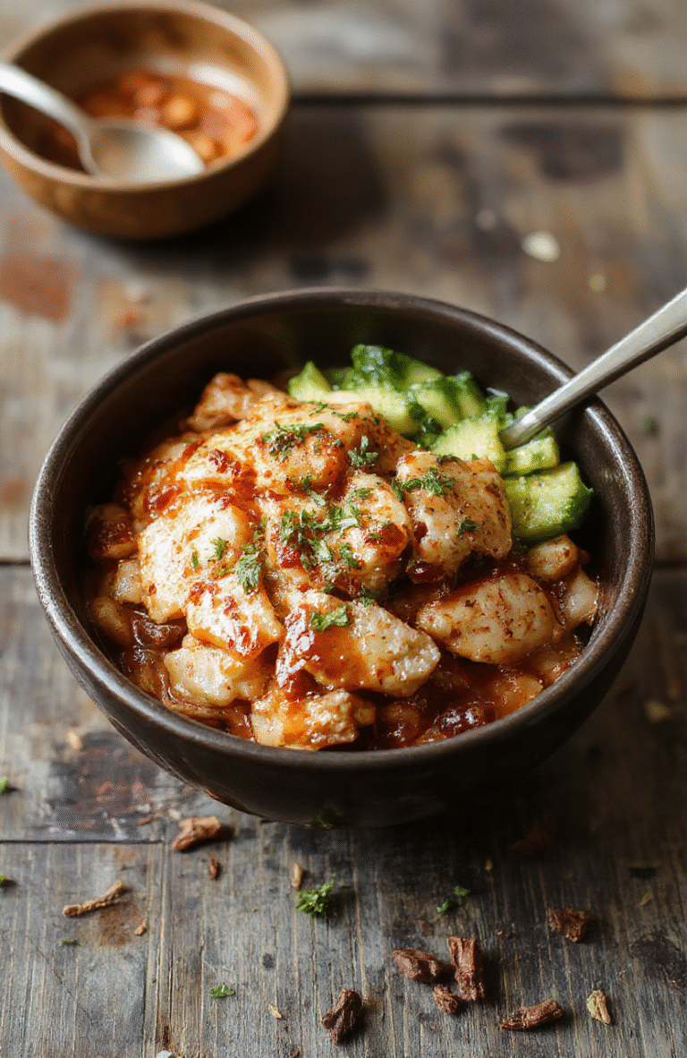 A vibrant bowl featuring tender, glazed sticky chicken pieces atop fluffy white rice, garnished with green scallions and sesame seeds, styled simply on a rustic wooden table with a colorful napkin.
