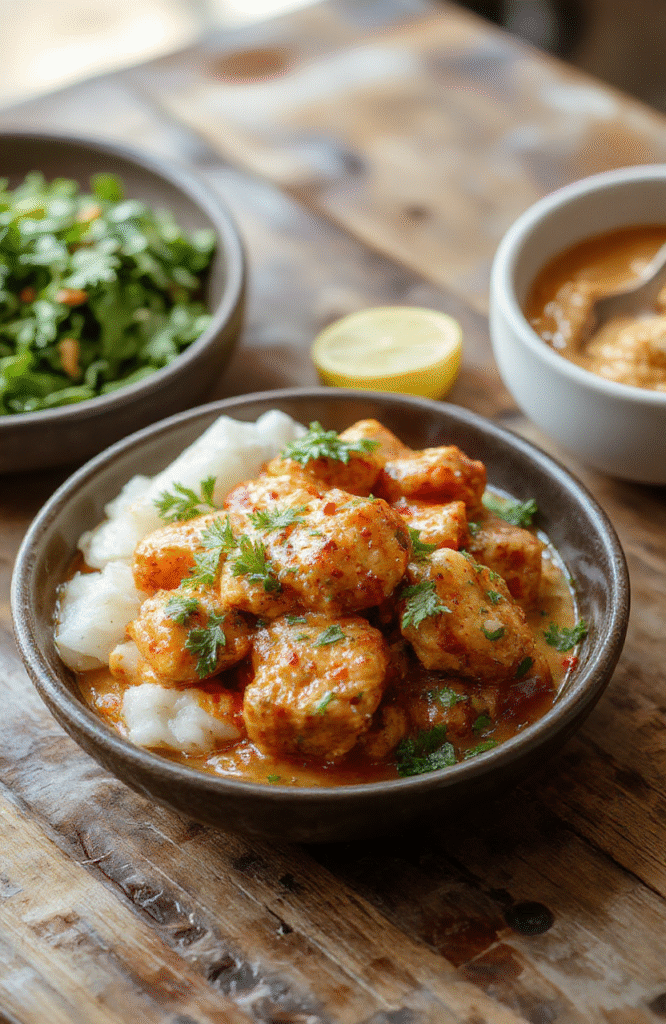 A vibrant bowl of Indian butter chicken with rich tomato sauce, topped with fresh cilantro, served alongside fluffy basmati rice and naan bread, styled on a rustic wooden table with warm lighting showcasing the creamy texture and colorful spices.