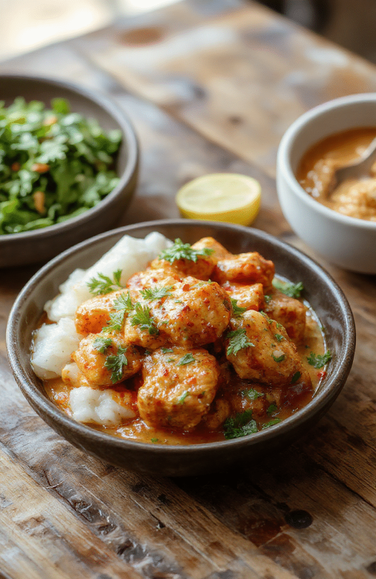 A vibrant bowl of Indian butter chicken with rich tomato sauce, topped with fresh cilantro, served alongside fluffy basmati rice and naan bread, styled on a rustic wooden table with warm lighting showcasing the creamy texture and colorful spices.