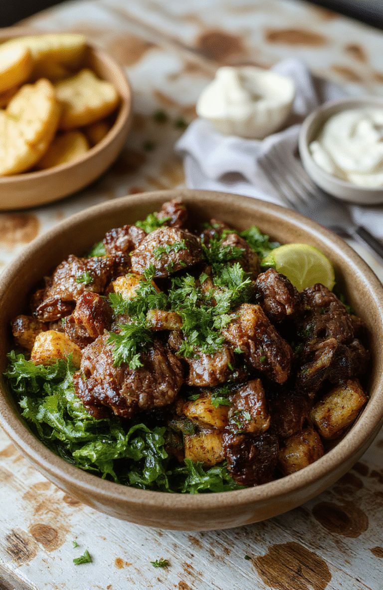 A vibrant steak fajita bowl featuring sliced grilled steak, colorful bell peppers, red onions, and fresh cilantro atop a bed of seasoned cauliflower rice, served in a rustic bowl with a side of lime wedge and avocado slices, with a bright, inviting background.