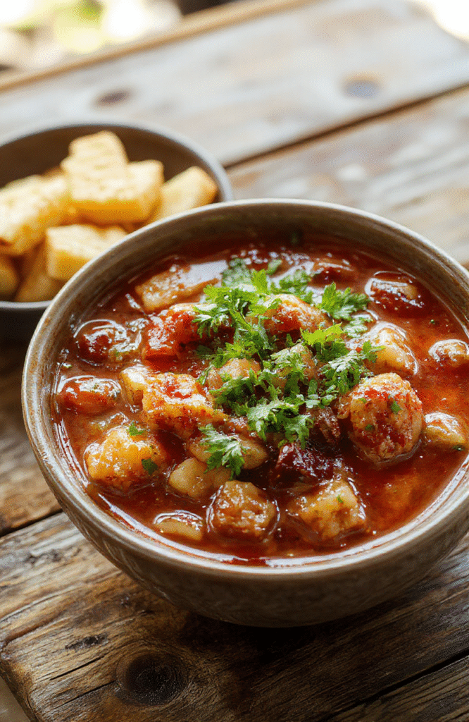 A vibrant bowl of Mexican Birria stew with shredded beef, rich red broth, cilantro garnish, and diced onions, served on a rustic wooden table with warm lighting.