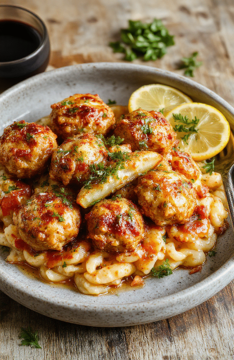 Colorful Greek chicken meatballs arranged on a white platter with vibrant lemon wedges, fresh herbs, and a side of tender orzo pasta with lemon zest, styled with a rustic wooden background and soft natural lighting highlighting textures.