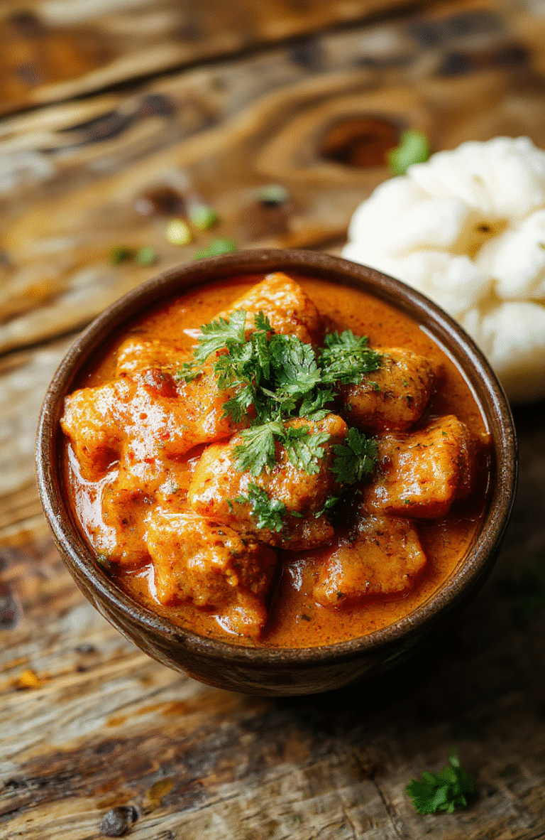 A vibrant plate of butter chicken with rich tomato-based sauce, topped with fresh cilantro, served alongside fluffy steamed rice on a rustic wooden table, with a glossy finish highlighting the creamy textures and colorful herbs.