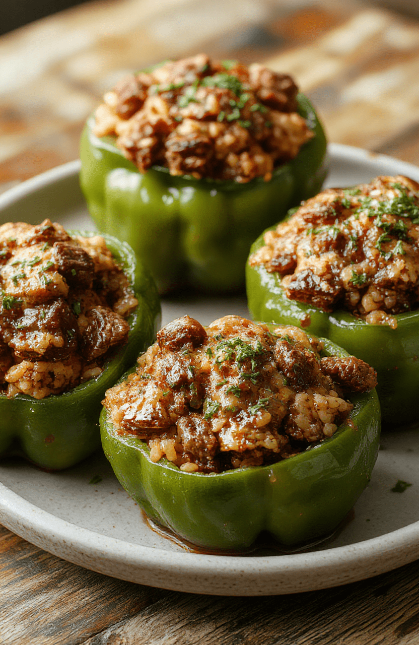 A vibrant plate of stuffed bell peppers topped with melted cheese, filled with seasoned ground beef, rice, and vegetables, set on a rustic wooden table with a colorful backdrop.