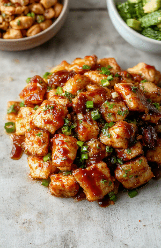 Colorful teriyaki chicken stir fry plated neatly with slices of tender chicken glazed in shiny teriyaki sauce, vibrant vegetables like bell peppers, broccoli, and carrots, garnished with sesame seeds and chopped green onions, served on a sleek white plate, styled simply with a subtle wooden background highlighting the textures and vivid colors.