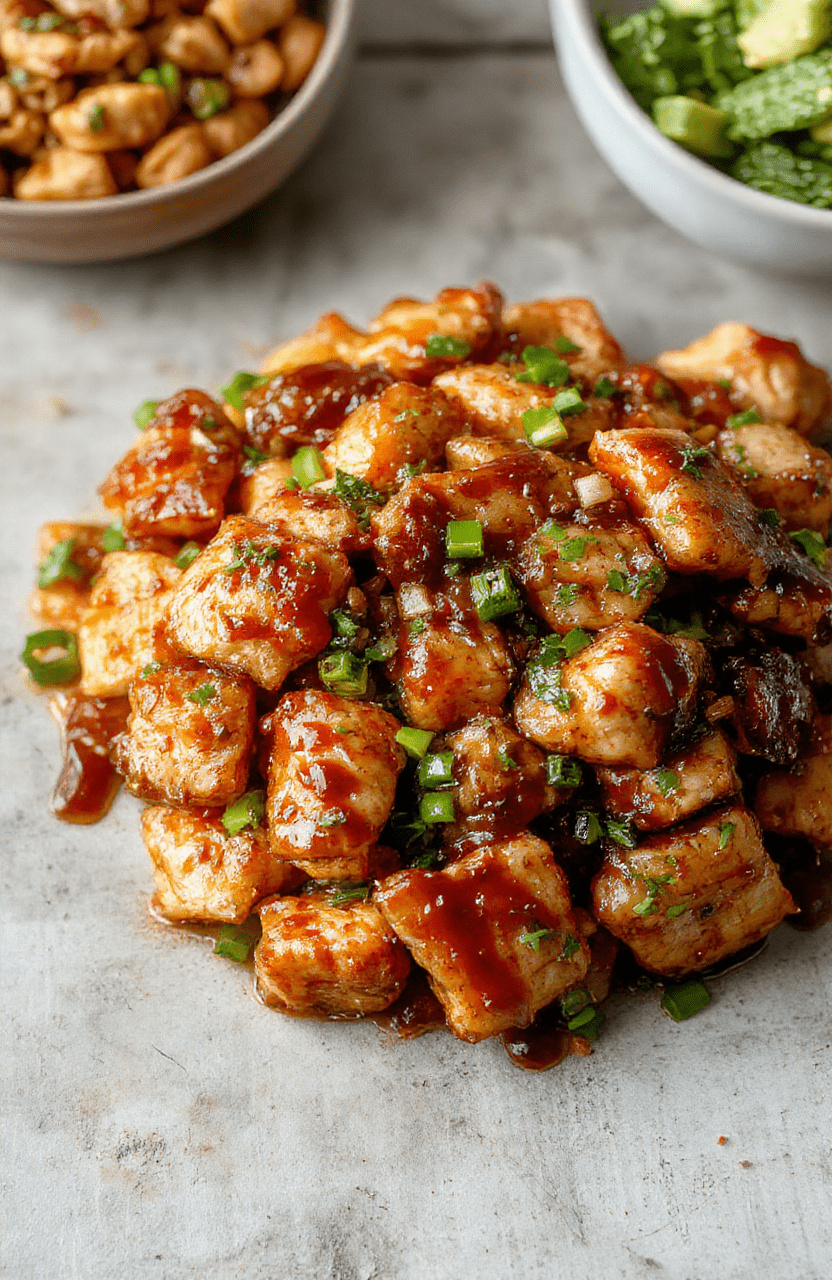 Colorful teriyaki chicken stir fry plated neatly with slices of tender chicken glazed in shiny teriyaki sauce, vibrant vegetables like bell peppers, broccoli, and carrots, garnished with sesame seeds and chopped green onions, served on a sleek white plate, styled simply with a subtle wooden background highlighting the textures and vivid colors.