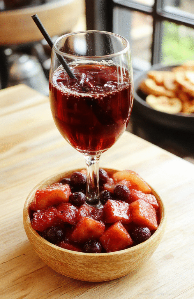 A vibrant, colorful cocktail in a tall glass with fizzy bubbles, garnished with slices of fresh fruit and a sprig of mint, styled on a sleek, modern bar counter with a blurred background of party lights.