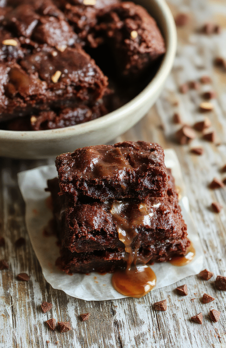 A close-up of fudgy, dense chocolate brownies on a rustic wooden surface, with a slightly cracked top, a knife cutting into the moist interior, surrounded by scattered cocoa powder and chocolate chips, styled simply for an inviting homemade look.