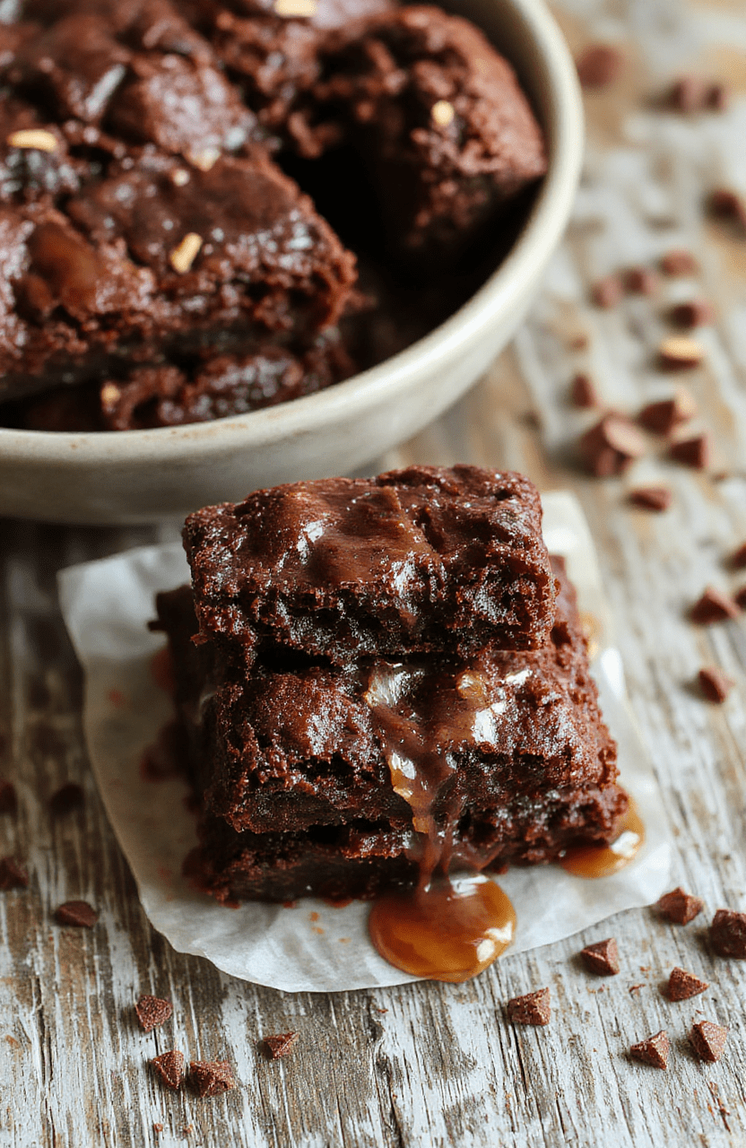 A close-up of fudgy, dense chocolate brownies on a rustic wooden surface, with a slightly cracked top, a knife cutting into the moist interior, surrounded by scattered cocoa powder and chocolate chips, styled simply for an inviting homemade look.