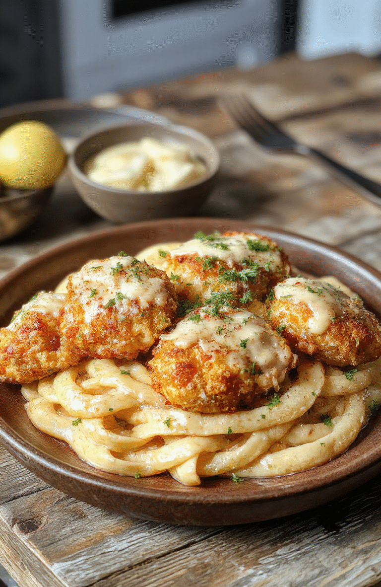 A close-up of golden garlic butter chicken bites arranged on a white plate alongside a bowl of creamy parmesan pasta, garnished with chopped parsley and freshly grated Parmesan cheese, with a rustic wooden background and soft natural light highlighting the textures and colors.