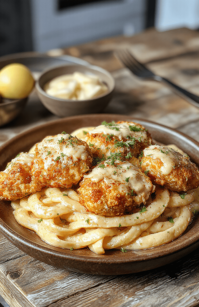 A close-up of golden garlic butter chicken bites arranged on a white plate alongside a bowl of creamy parmesan pasta, garnished with chopped parsley and freshly grated Parmesan cheese, with a rustic wooden background and soft natural light highlighting the textures and colors.