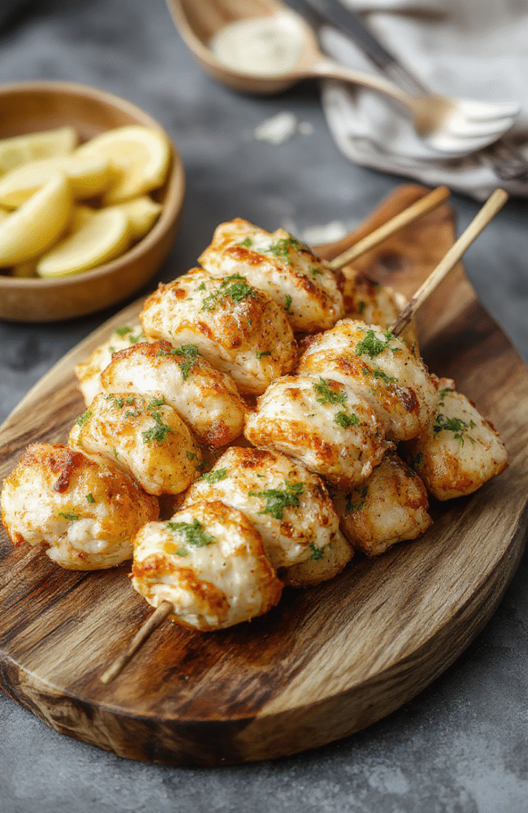Colorful garlic parmesan chicken skewers arranged on a rustic wooden platter, garnished with fresh herbs, showcasing juicy grilled chicken coated in golden cheese and herbs, with a vibrant background of fresh garlic and parsley.