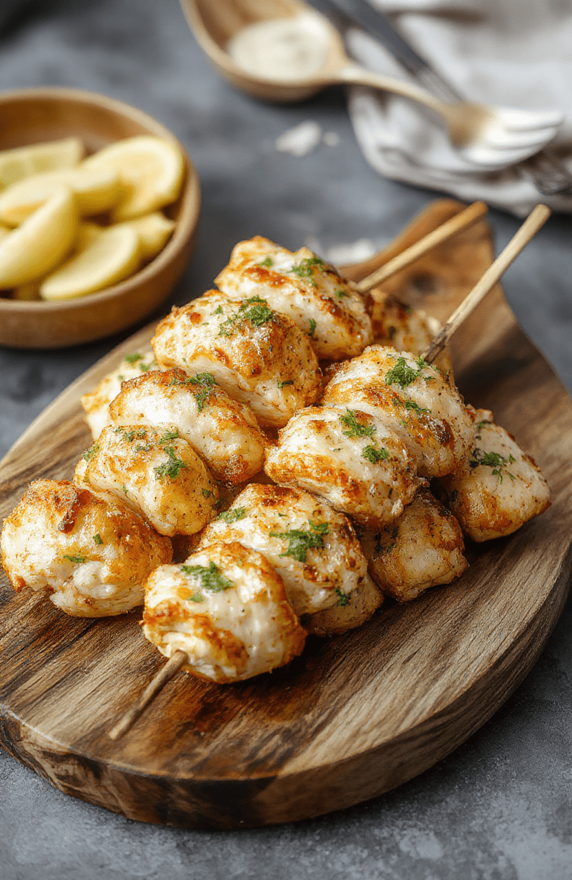 Colorful garlic parmesan chicken skewers arranged on a rustic wooden platter, garnished with fresh herbs, showcasing juicy grilled chicken coated in golden cheese and herbs, with a vibrant background of fresh garlic and parsley.