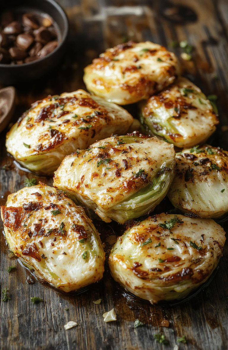 Vibrant golden-brown cabbage steaks topped with fresh garlic and herbs, arranged neatly on a rustic wooden board, with lightly charred edges and a sprinkle of parsley, surrounded by accompanying garlic cloves and olive oil for a culinary presentation that highlights the caramelized texture and colorful look.