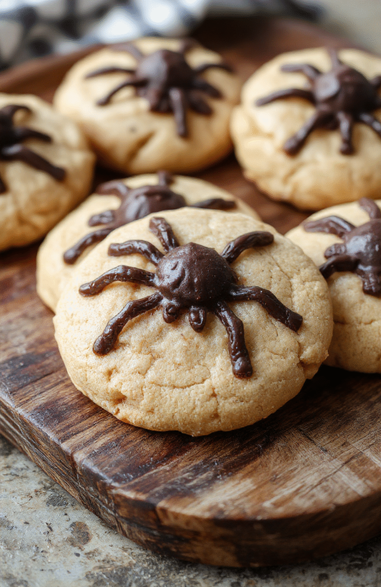 Colorful spider-shaped cookies with glossy peanut butter glaze, topped with candy eyes, arranged on a rustic wooden tray with Halloween themed decorations, captured in natural light showing textures of cookies and shiny glaze.