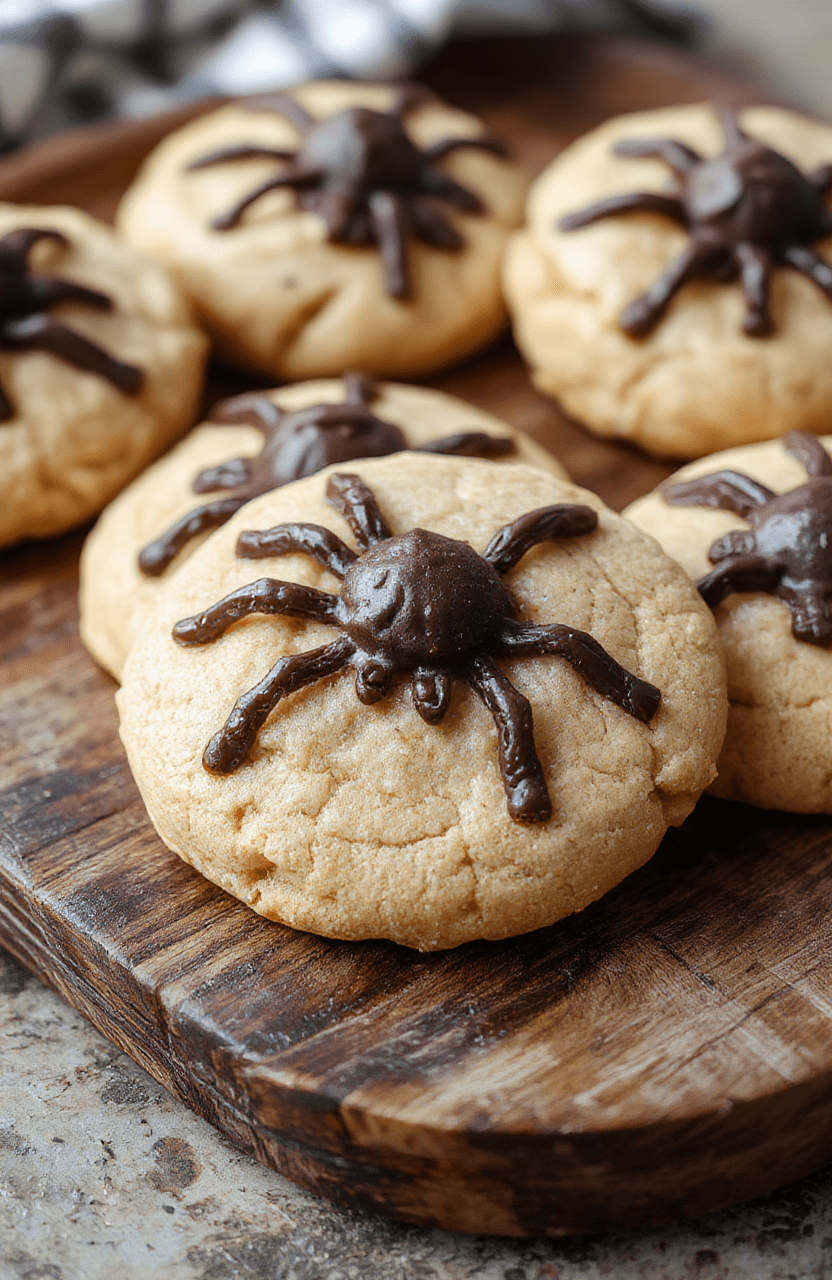 Colorful spider-shaped cookies with glossy peanut butter glaze, topped with candy eyes, arranged on a rustic wooden tray with Halloween themed decorations, captured in natural light showing textures of cookies and shiny glaze.