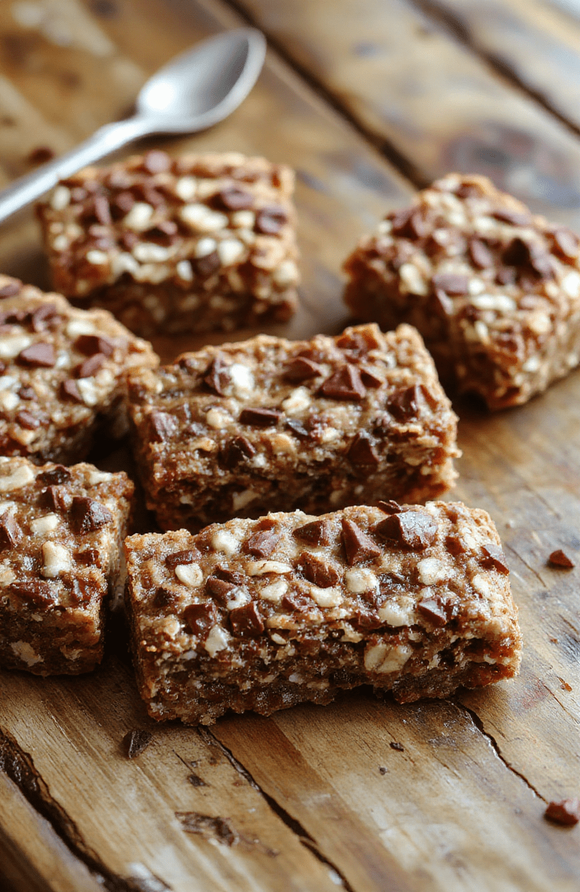 A close-up of golden banana oatmeal bars arranged on a rustic wooden board, showcasing their soft center and crispy edges, garnished with banana slices and a drizzle of honey, styled in natural light with a blurred kitchen background.