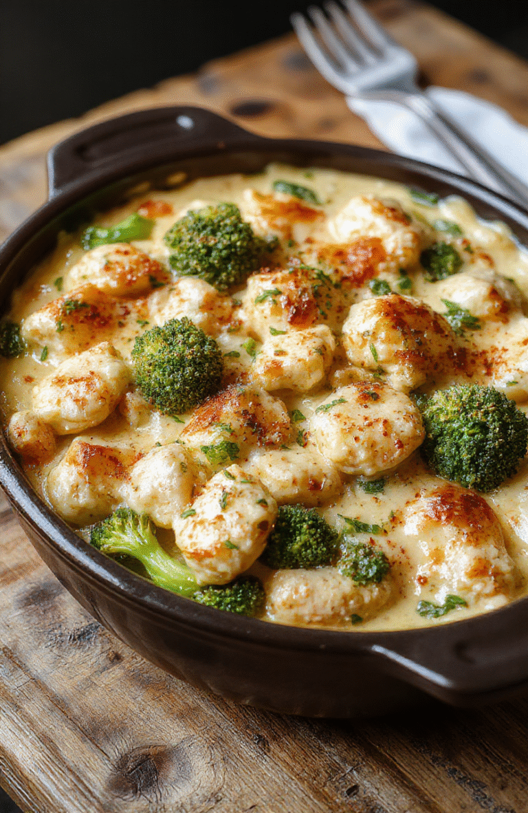 A vibrant baked casserole dish featuring bright green broccoli florets and tender shredded chicken, topped with melted cheesy golden crust, neatly sliced and arranged on a rustic white plate with fresh herbs for garnish.