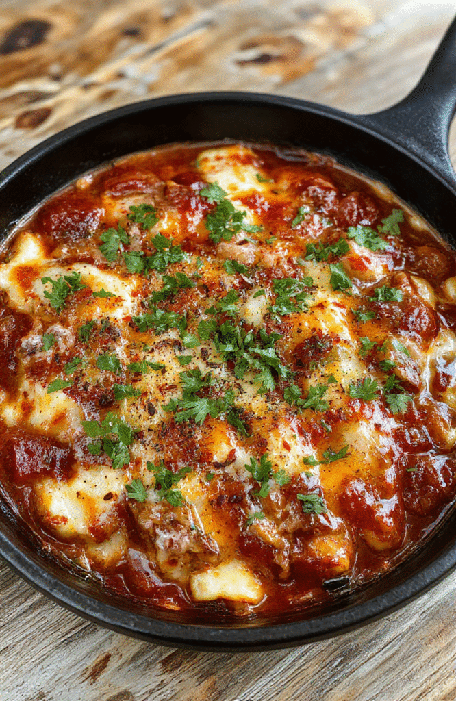 Vibrant plate of layered enchilada skillet with melted cheese, fresh cilantro, and tomato slices, served in a rustic skillet with colorful ingredients and a textured backdrop