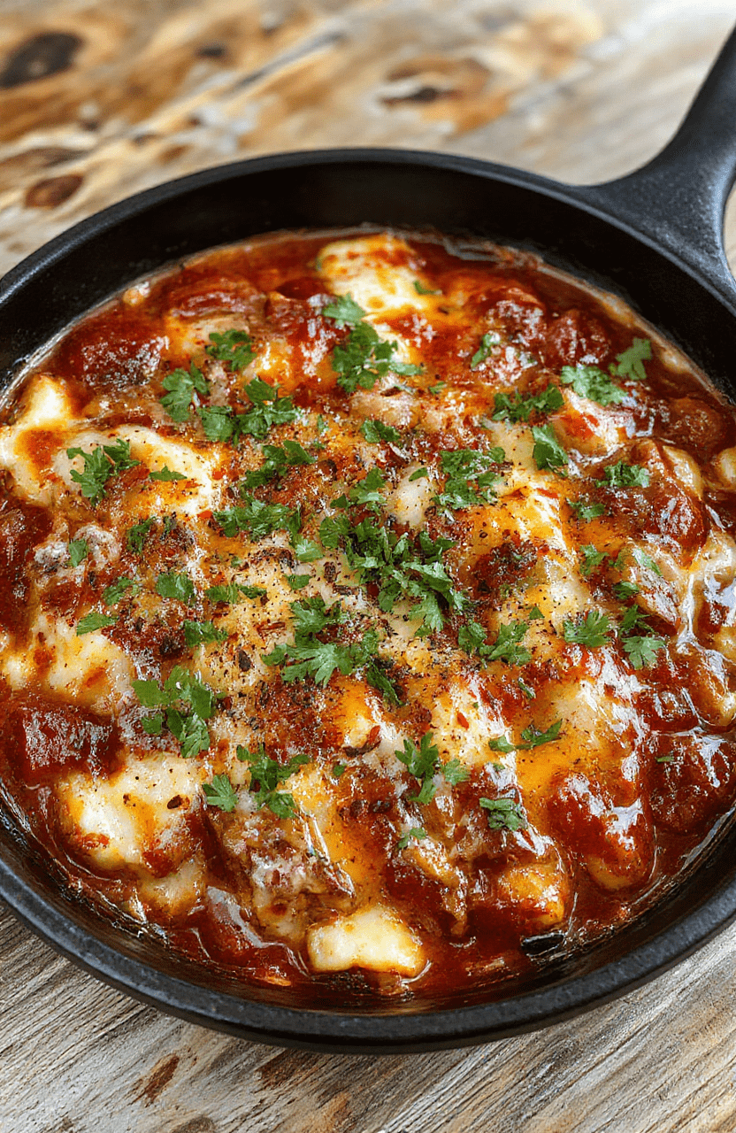 Vibrant plate of layered enchilada skillet with melted cheese, fresh cilantro, and tomato slices, served in a rustic skillet with colorful ingredients and a textured backdrop
