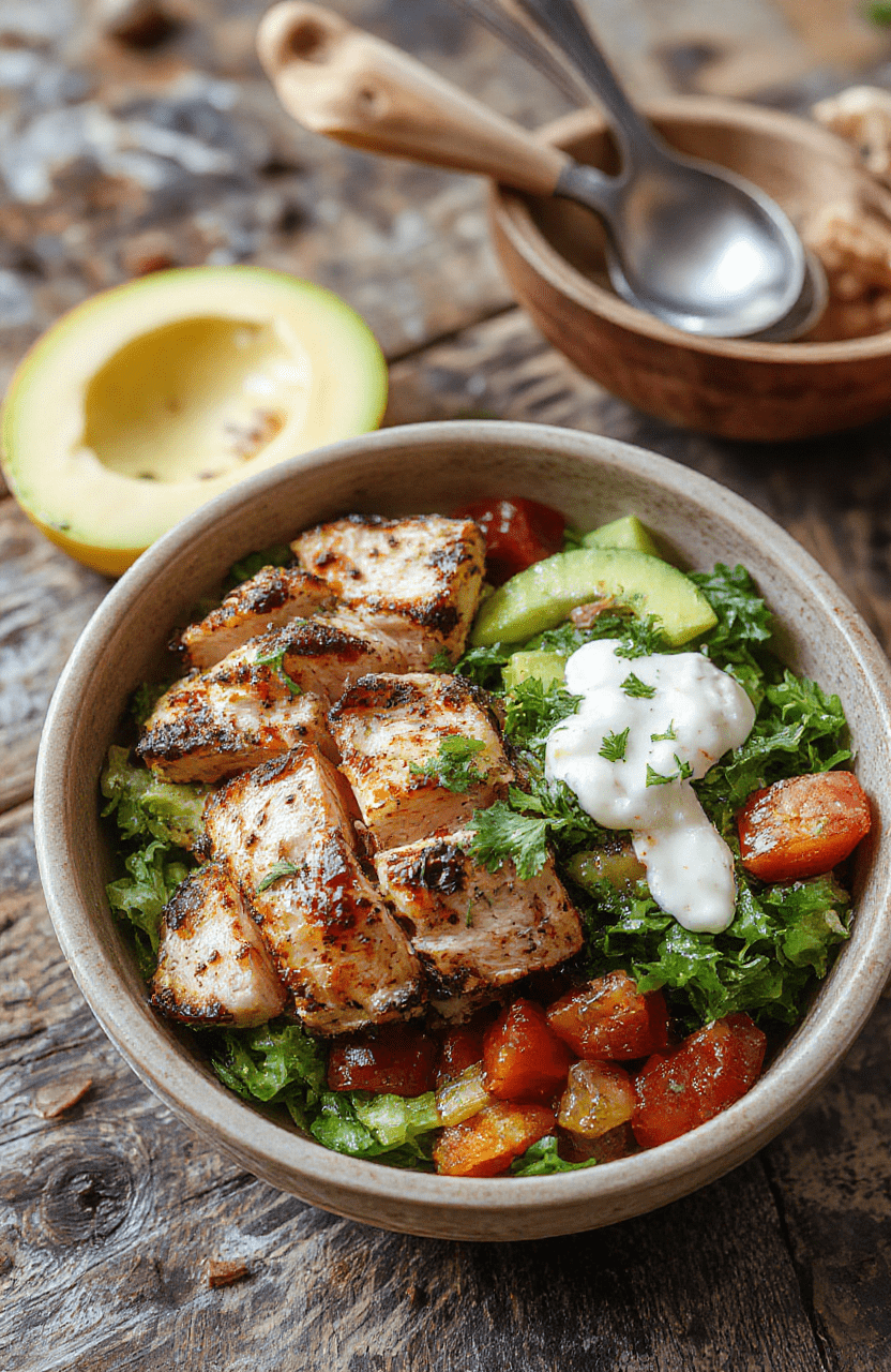 A vibrant plate featuring grilled Greek chicken slices perched atop colorful quinoa and vegetable salad, garnished with fresh herbs, drizzled with tzatziki sauce, styled on a rustic wooden surface with a Mediterranean vibe.