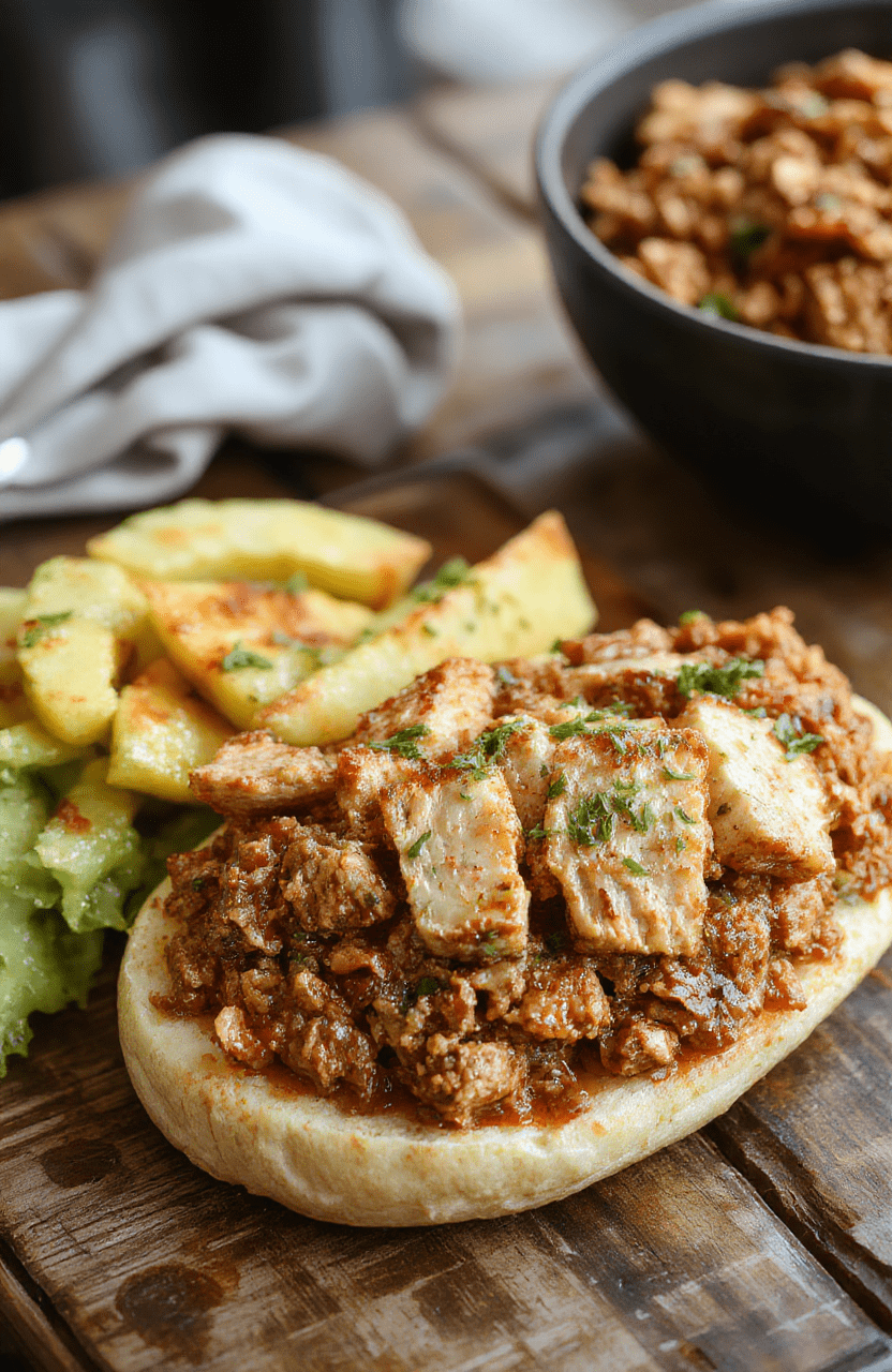 A colorful plate featuring ground turkey stir-fry with vegetables, garnished with fresh herbs on a rustic wooden table, vibrant and appetizing