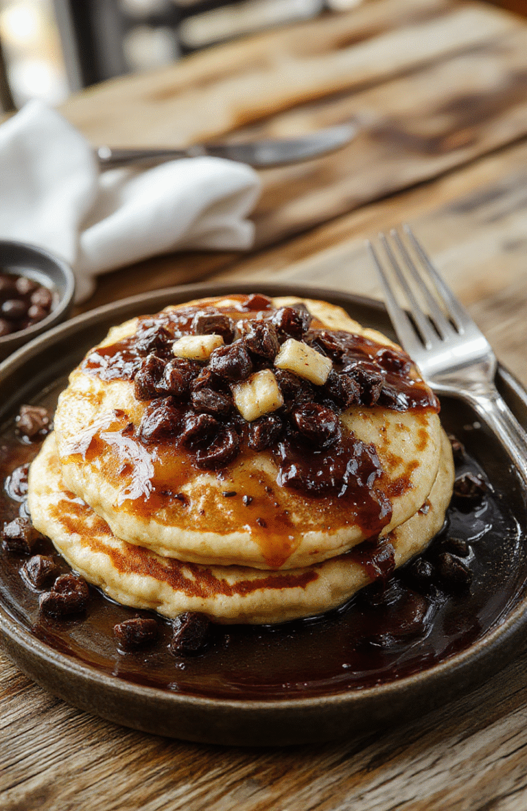 A plate of golden-brown pancakes layered with fresh berries and drizzled with maple syrup, styled on a rustic wooden table with a fork and a glass of orange juice in the background, vibrant colors, inviting and appetizing textures, natural lighting.