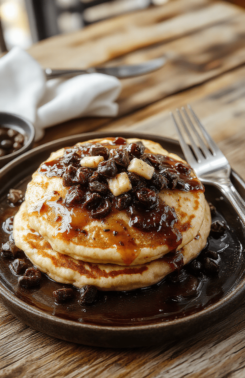 A plate of golden-brown pancakes layered with fresh berries and drizzled with maple syrup, styled on a rustic wooden table with a fork and a glass of orange juice in the background, vibrant colors, inviting and appetizing textures, natural lighting.