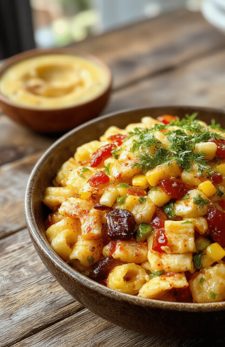 A vibrant bowl of street corn pasta salad featuring colorful corn kernels, chopped fresh herbs, creamy dressing, and rolled pasta, styled on a rustic wooden surface with hints of lime and spicy seasonings, inviting and appetizing.