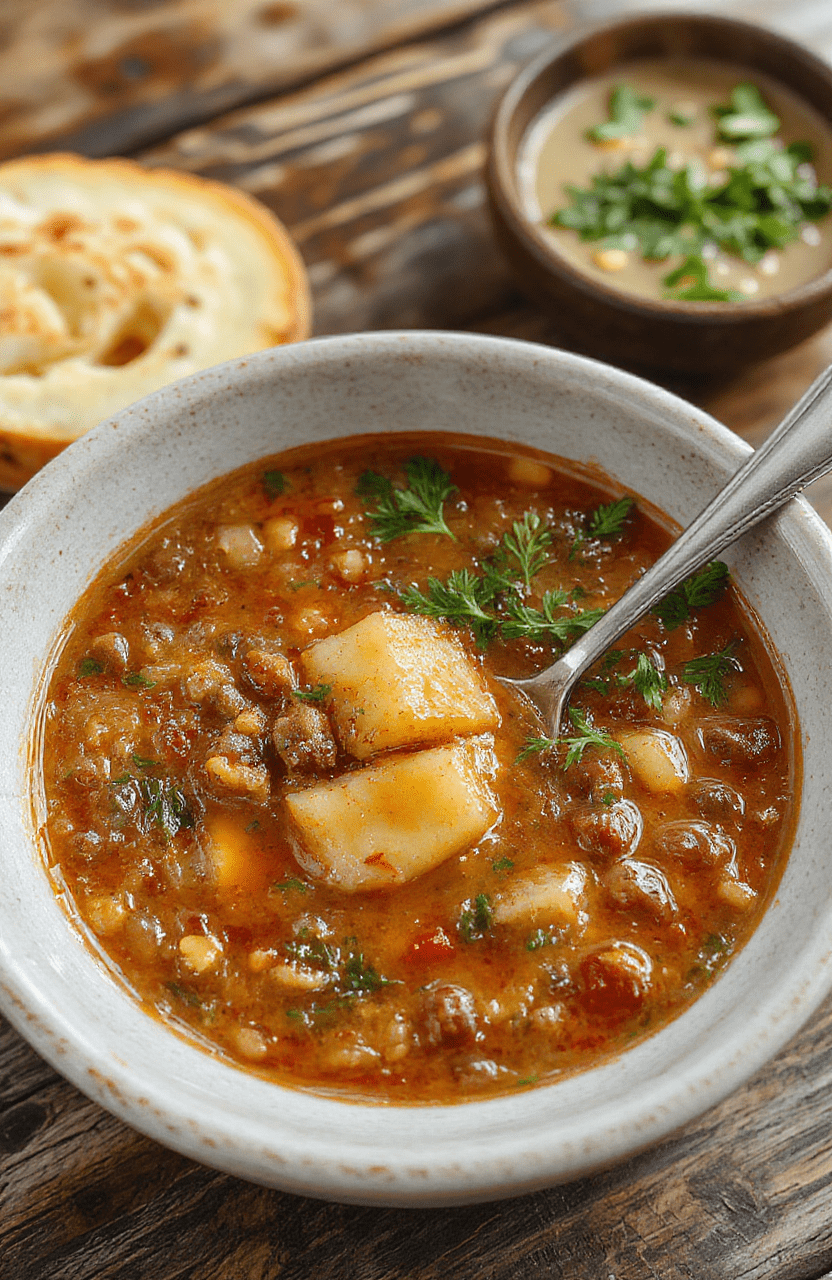A vibrant bowl of hearty lentil and potato soup topped with fresh herbs, served in a rustic ceramic bowl on a wooden surface. The soup has a rich brown color with chunks of tender potatoes and lentils visible, garnished with parsley. The background shows a cozy kitchen setting with natural lighting highlighting the textures and colors of the ingredients.