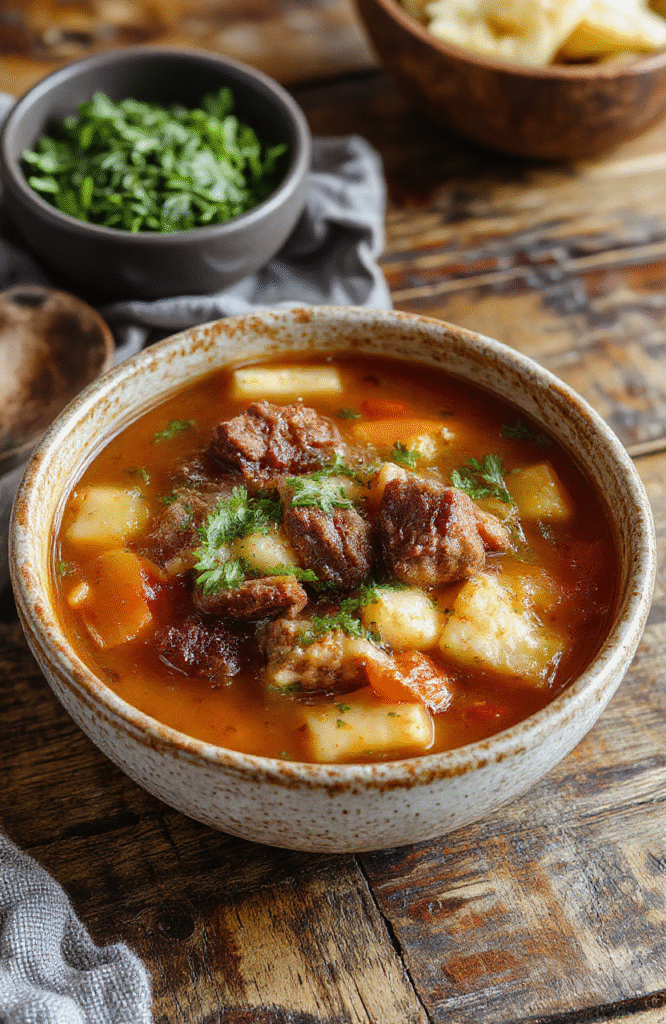 A cozy bowl of hearty vegetable beef soup with tender chunks of beef, vibrant carrots, celery, potatoes, and green beans, topped with fresh parsley, served in a rustic bowl on a wooden table with a warm, inviting atmosphere.