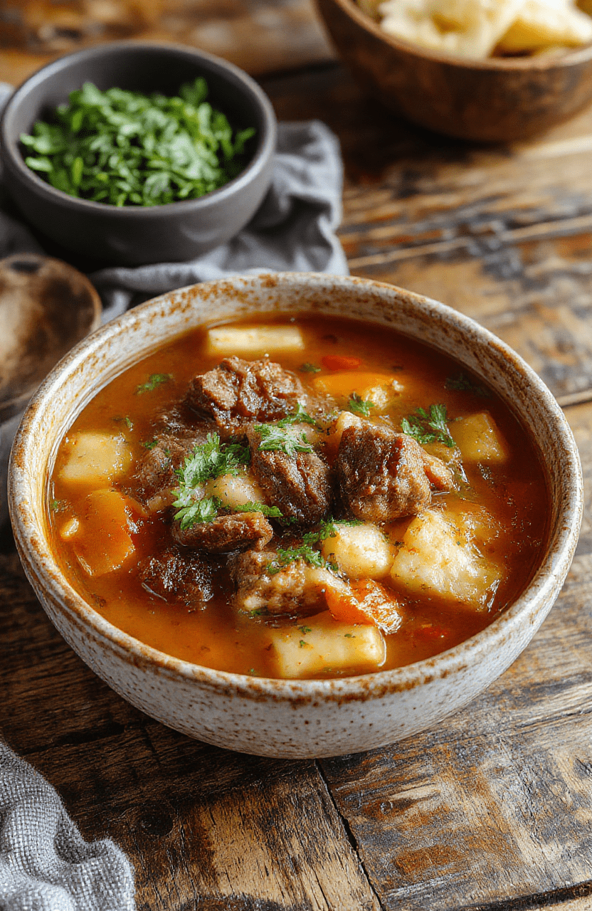 A cozy bowl of hearty vegetable beef soup with tender chunks of beef, vibrant carrots, celery, potatoes, and green beans, topped with fresh parsley, served in a rustic bowl on a wooden table with a warm, inviting atmosphere.