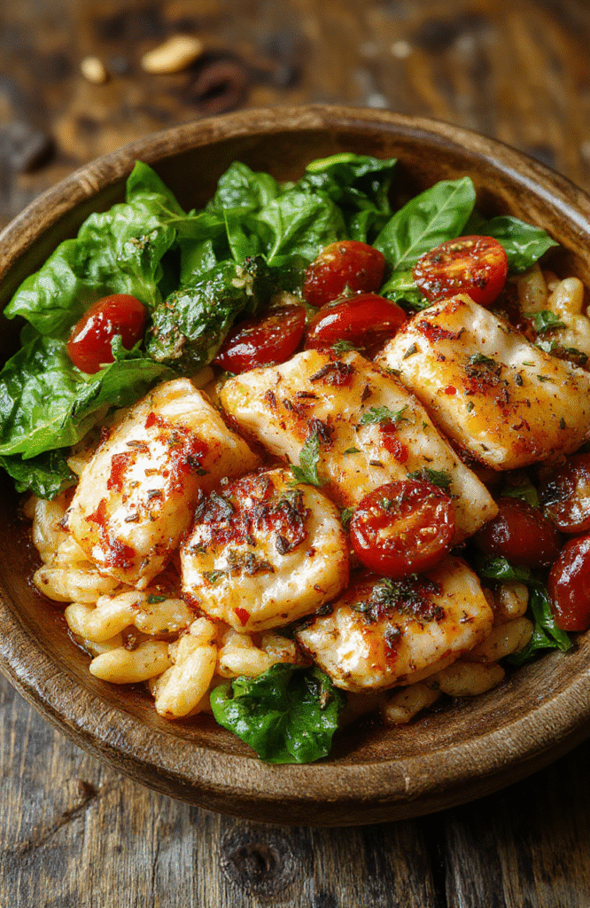 Colorful chicken orzo dish featuring tender grilled chicken pieces atop a bed of vibrant tomato and spinach-infused orzo, garnished with fresh herbs, styled on a rustic wooden plate with a drizzle of olive oil, showcasing textures of creamy pasta and crispy chicken in natural daylight.