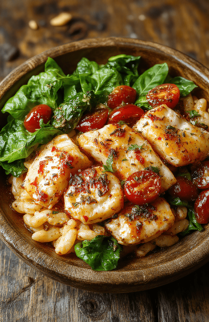 Colorful chicken orzo dish featuring tender grilled chicken pieces atop a bed of vibrant tomato and spinach-infused orzo, garnished with fresh herbs, styled on a rustic wooden plate with a drizzle of olive oil, showcasing textures of creamy pasta and crispy chicken in natural daylight.