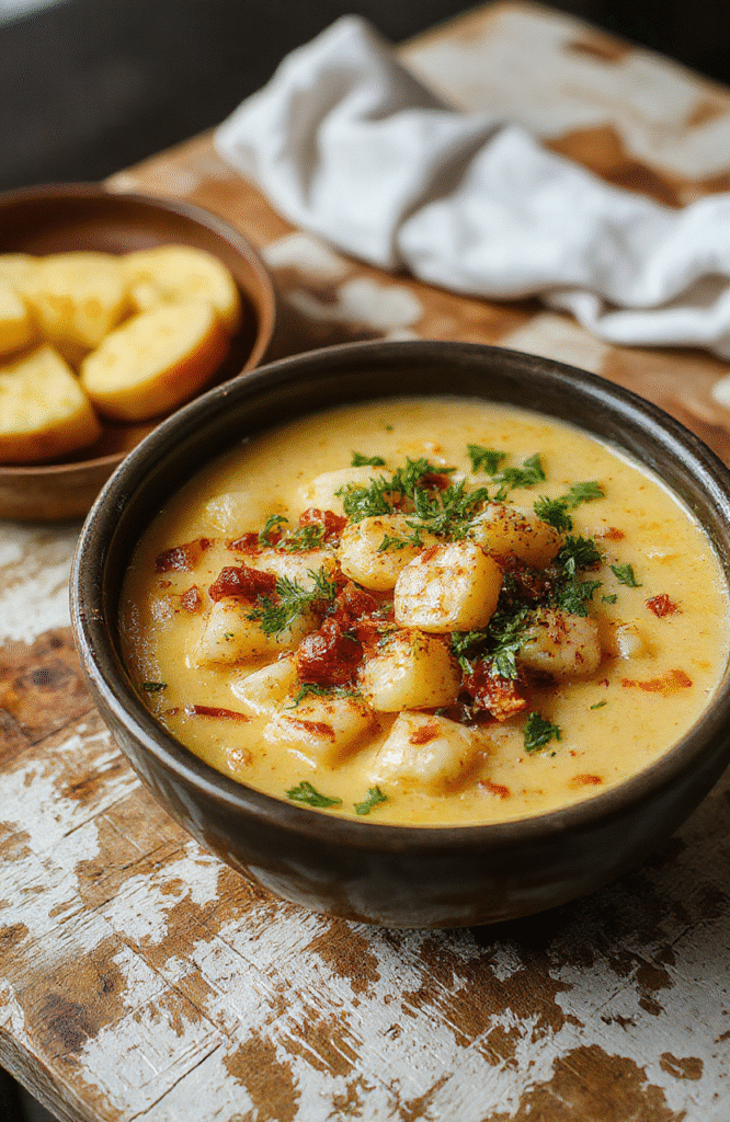 A steaming bowl of loaded crockpot potato soup topped with shredded cheese, crispy bacon bits, chopped green onions, and a dollop of sour cream, served with rustic bread on a wooden table, vibrant colors, inviting and hearty textures.