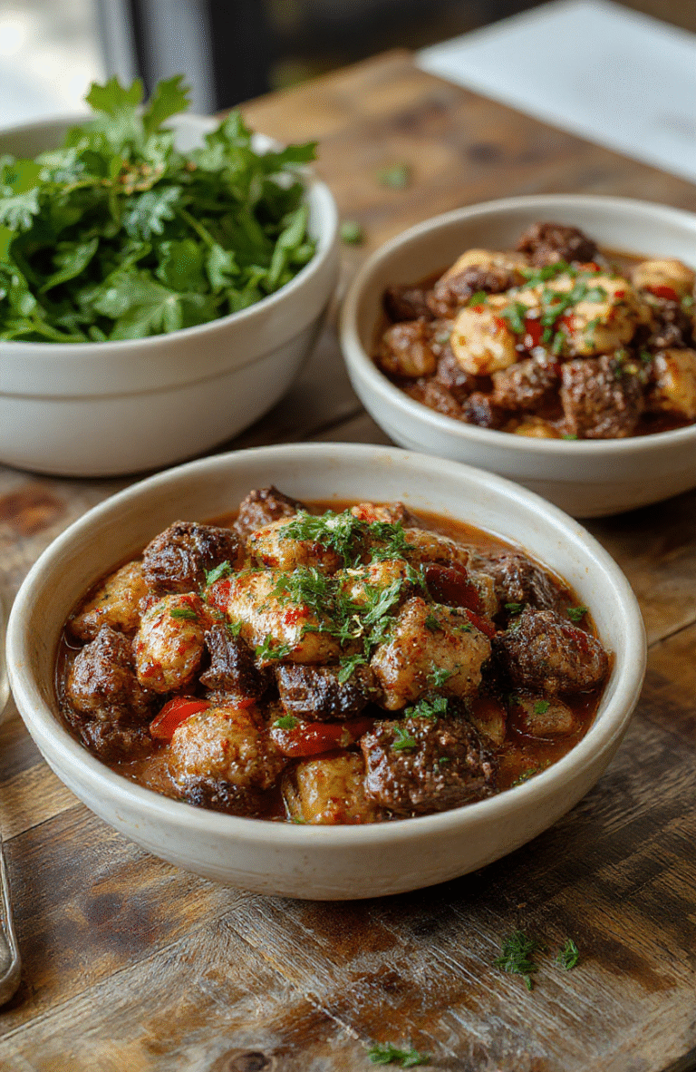 Colorful Mediterranean steak bowls plated with grilled sliced steak, cherry tomatoes, cucumbers, olives, and creamy hummus on a rustic wooden table.