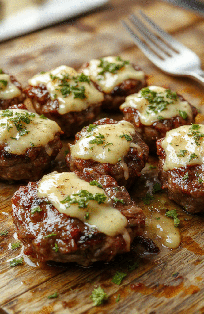 A close-up shot of golden-brown garlic butter steak bites arranged on a white plate, glistening with melted butter, garnished with fresh parsley, with a rustic wooden table background, showcasing the tender, juicy interior and crispy exterior textures.